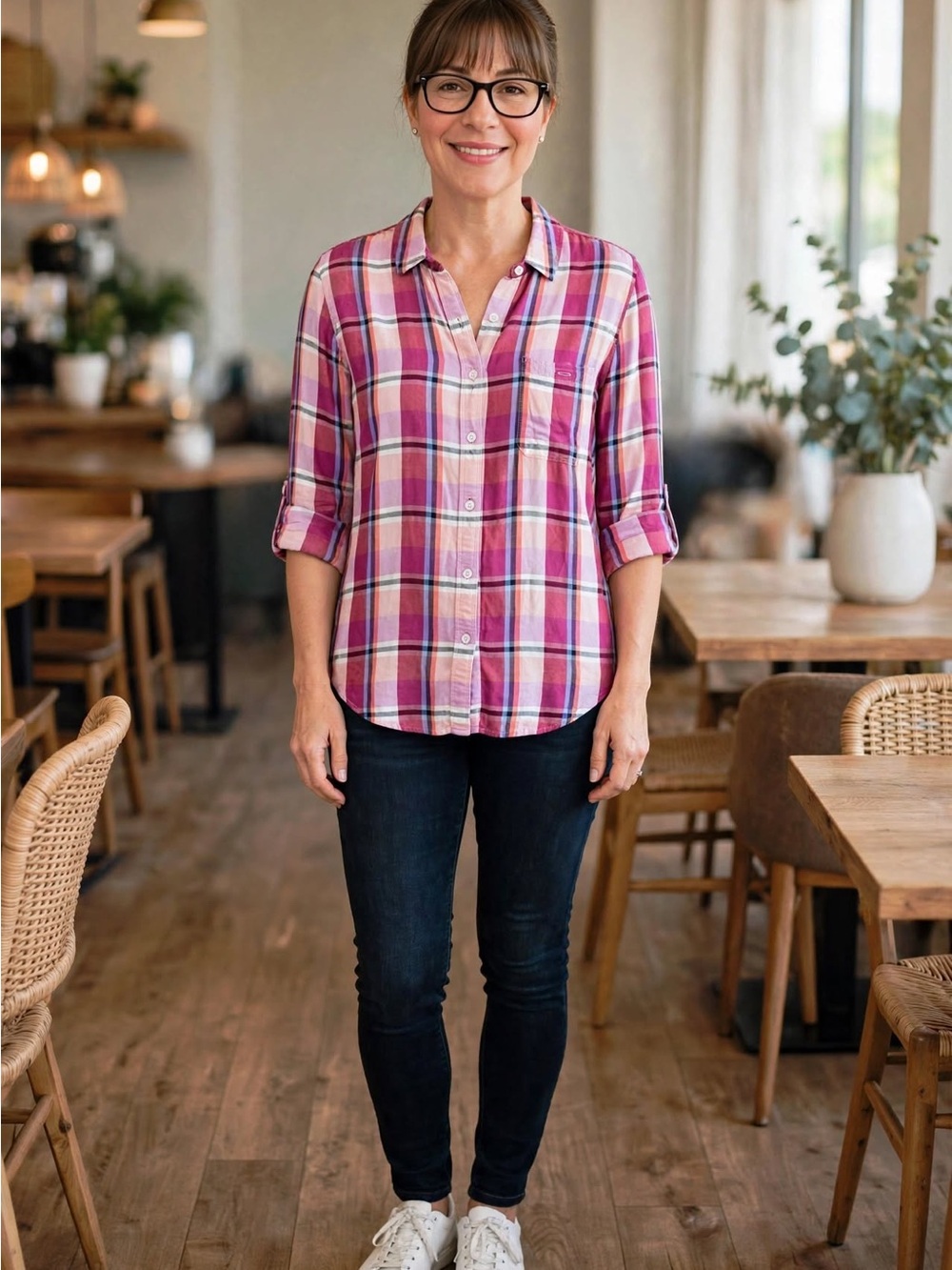Women’s Pink Plaid Button-Down Shirt - Casual Relaxed Fit